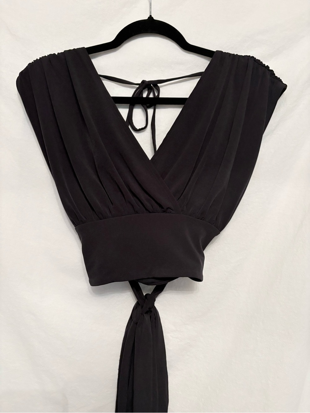 Express Black Pleated Wrap Crop Top with Tie Back